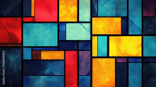 Vibrant geometric rectangles reflecting Mondrian-inspired art with bold colors and contrasting shapes arranged in an abstract composition. photo