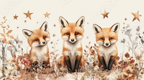 Whimsical Boho Trio of Foxes Surrounded by Stars and Natural Elements in a Charming Nursery Setting with Delicate Floral Accents