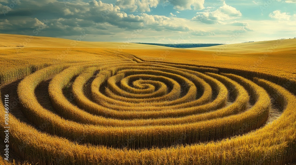 Intricate spiral crop formation in golden wheat field under dramatic skies evokes themes of mystery and extraterrestrial intrigue. Intricate spiral crop formation in golden wheat field under dramatic skies evokes themes of mystery and extraterrestrial intrigue.