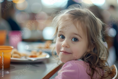 Young Child boy girl Eating Lunch in a School Canteen Setting with Juice and Food on Table, Generative AI