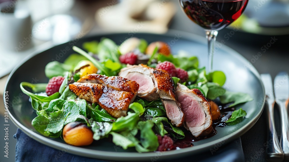 Gourmet Duck Breast Salad with Raspberries and Red Wine Reduction