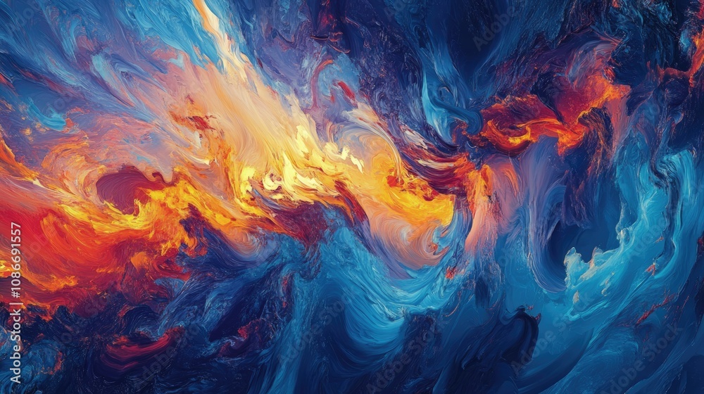 Vibrant abstract artwork showcasing dynamic brushstrokes in rich blue, orange, and red hues, perfect for modern interior designs symbolizing energy and movement. Vibrant abstract artwork showcasing dynamic brushstrokes in rich blue, orange, and red hues, perfect for modern interior designs symbolizing energy and movement.