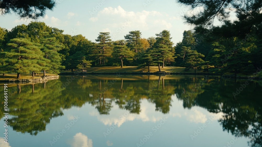 Serene Reflections of Pine Trees in a Calm Lake Surrounded by Greenery Under a Blue Sky with Fluffy Clouds at a Tranquil Park Setting Serene Reflections of Pine Trees in a Calm Lake Surrounded by Greenery Under a Blue Sky with Fluffy Clouds at a Tranquil Park Setting