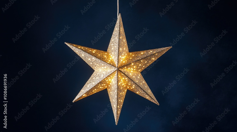 Obraz premium Elegant Golden Star Decoration Enhancing a Dark Background with Soft Glowing Lights for Festive Celebrations and Holiday Decor Inspiration