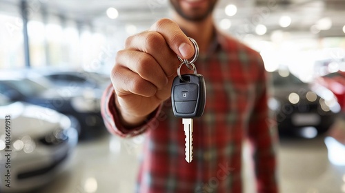 smiling man holding car key in a dealership, with new cars in the background, concept of purchasing a vehicle