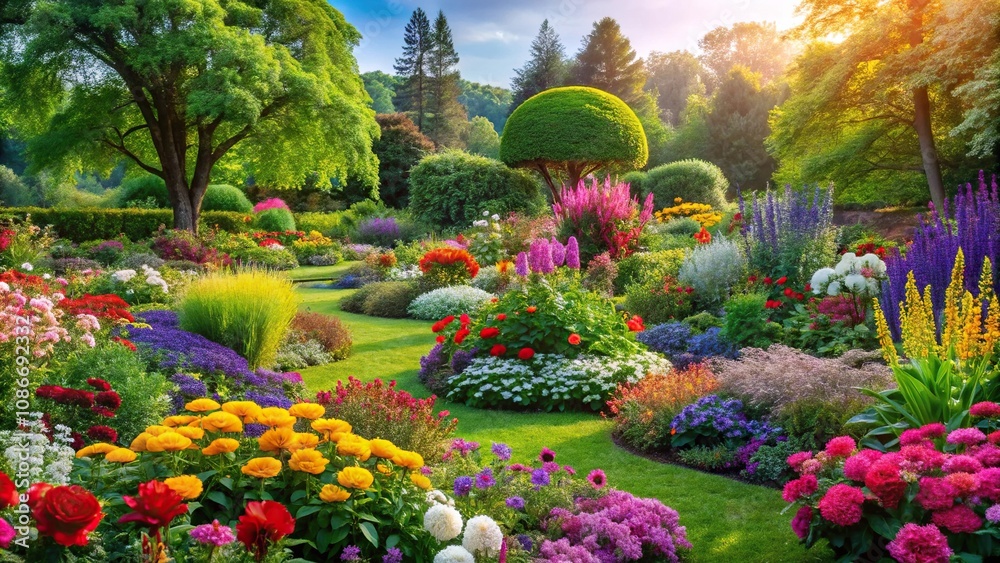 Obraz premium A blooming garden in full color with vibrant flowers and lush greenery, branches, new beginnings, blossoms