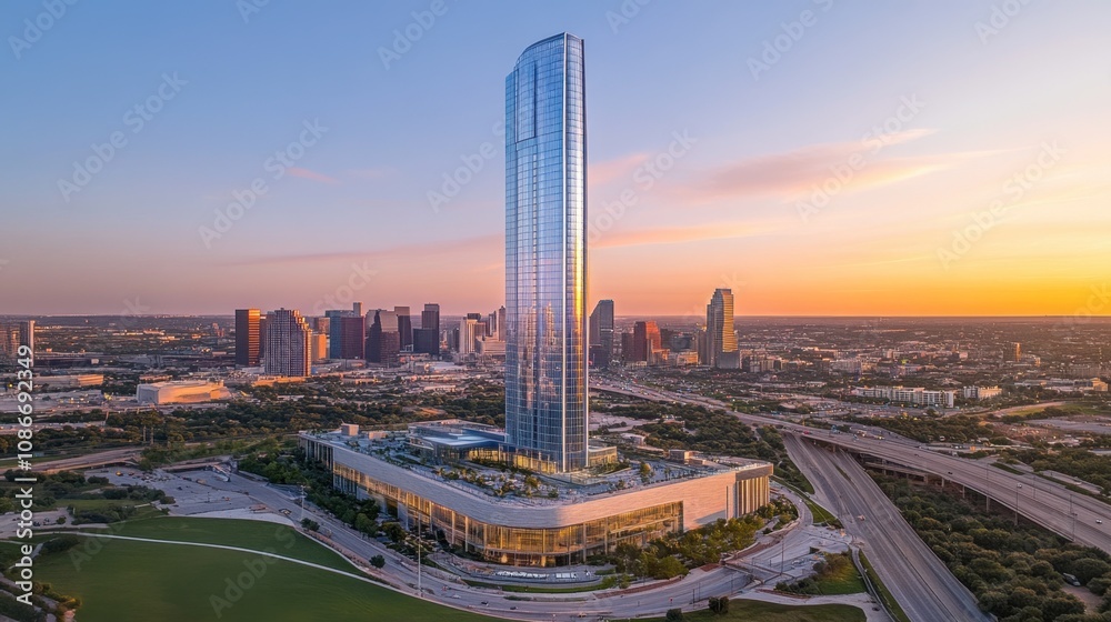 Obraz premium Stunning Aerial View of a Modern Skyscraper at Sunset Overlooking a Vibrant Urban Skyline with Dramatic Clouds and Colorful Skies in the Background
