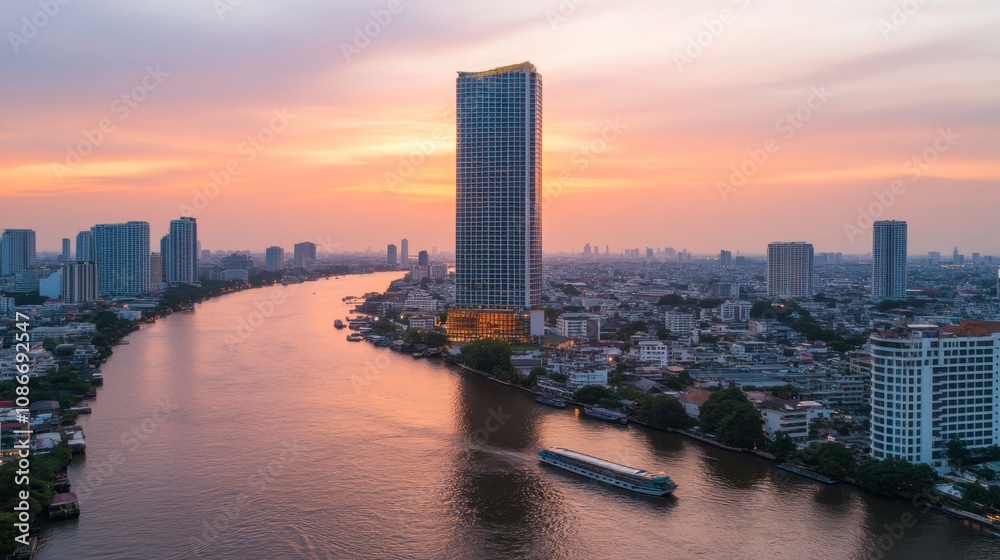 Fototapeta premium Aerial View of Modern Skyline and River During Sunset, Illuminated Buildings and Boats on Water Creating a Stunning Urban Landscape in Bangkok, Thailand