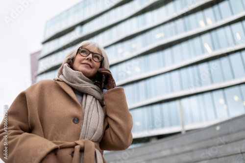 Wallpaper Mural An elderly woman talks on her smartphone while standing outside a modern building on a chilly day Torontodigital.ca