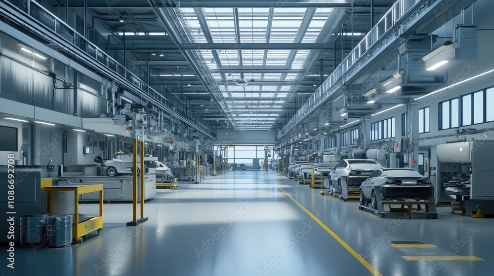 A spacious, well-lit automotive workshop featuring multiple vehicles and modern equipment. A spacious, well-lit automotive workshop featuring multiple vehicles and modern equipment.