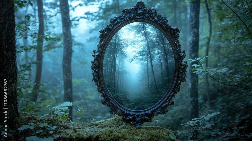 Obraz premium Enigmatic Reflection in a Vintage Mirror Surrounded by Mystical Forest Fog, Capturing the Essence of Nature's Serene Beauty and Intrigue