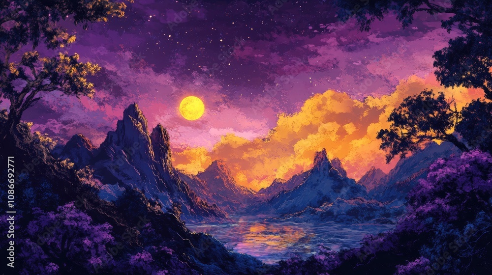 Vibrant evening landscape with dynamic violet, gold, and coral skies, featuring mountains, a calm lake, and a glowing moon creating a surreal dusk ambiance. Vibrant evening landscape with dynamic violet, gold, and coral skies, featuring mountains, a calm lake, and a glowing moon creating a surreal dusk ambiance.