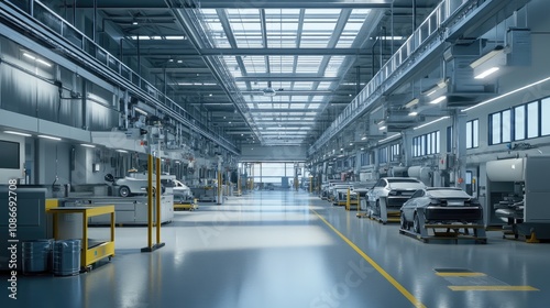 A spacious, well-lit automotive workshop featuring multiple vehicles and modern equipment.