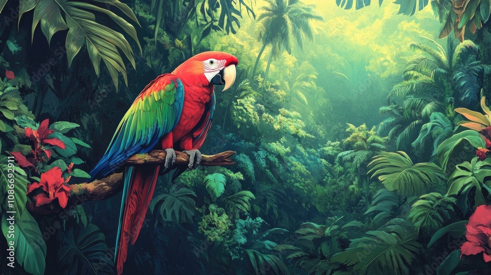 custom made wallpaper toronto digitalVibrant parrot with bright red and green plumage perched on a tree branch surrounded by lush tropical foliage in a serene rainforest setting.