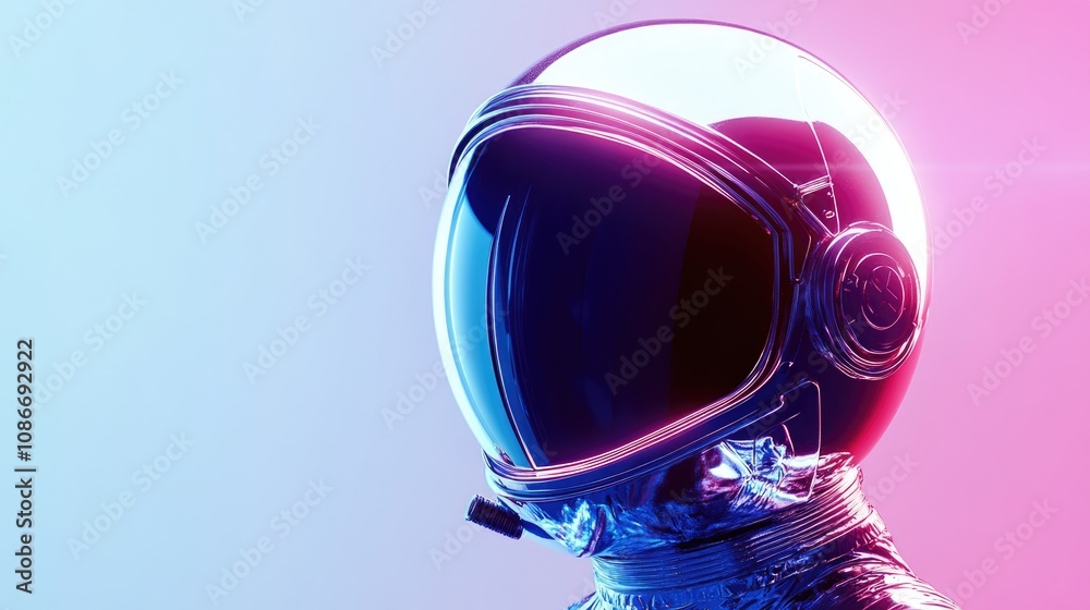 Astronaut in a Shiny Metallic Space Suit Against a Pink and Blue Gradient, Highlighting the Reflective Helmet and Futuristic Design, Ideal for Sci-Fi and Space Exploration Themes