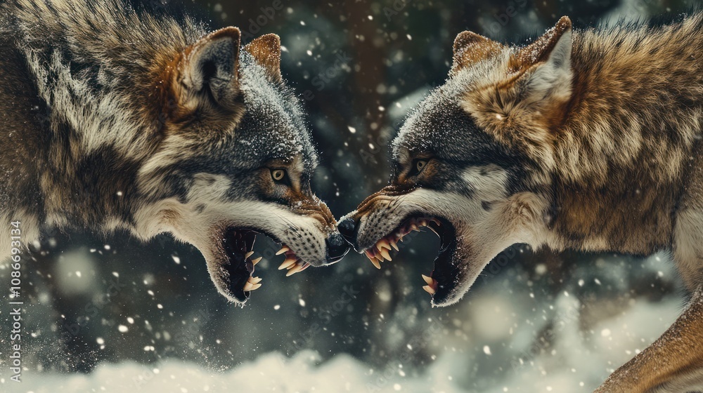 Two wolves engaged in a fierce battle, showcasing their strength and ...