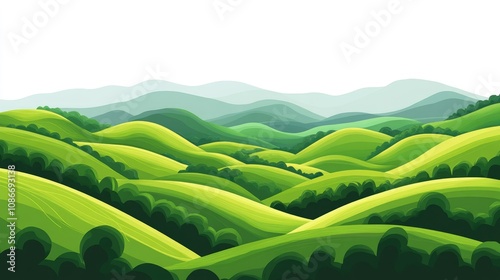 Vibrant Green Rolling Hills in a Stylized Landscape with Soft Undulating Forms and a Minimalist White Background