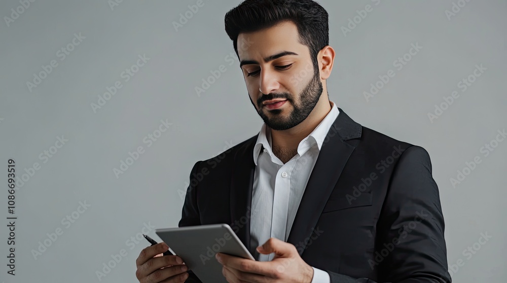 A Middle-Eastern man in a black suit interacts with a tablet, showcasing a focused expression, against a muted gray background. A Middle-Eastern man in a black suit interacts with a tablet, showcasing a focused expression, against a muted gray background.