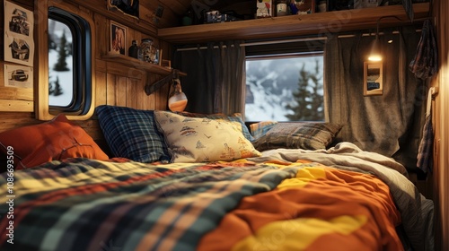 Cozy interior of a camper van featuring a warm, inviting bed with colorful blankets and pillows, surrounded by wooden accents. photo