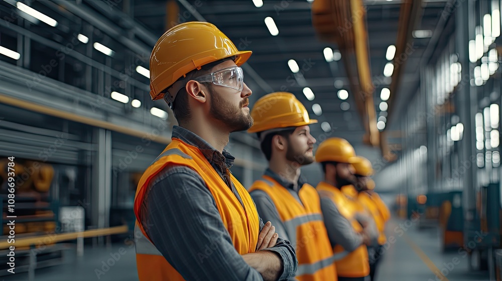 A group of focused male construction workers wearing hard hats and safety vests, standing confidently in a large industrial space.