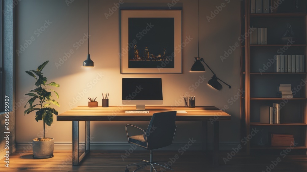 Modern Home Office with Warm Lighting Modern Home Office with Warm Lighting