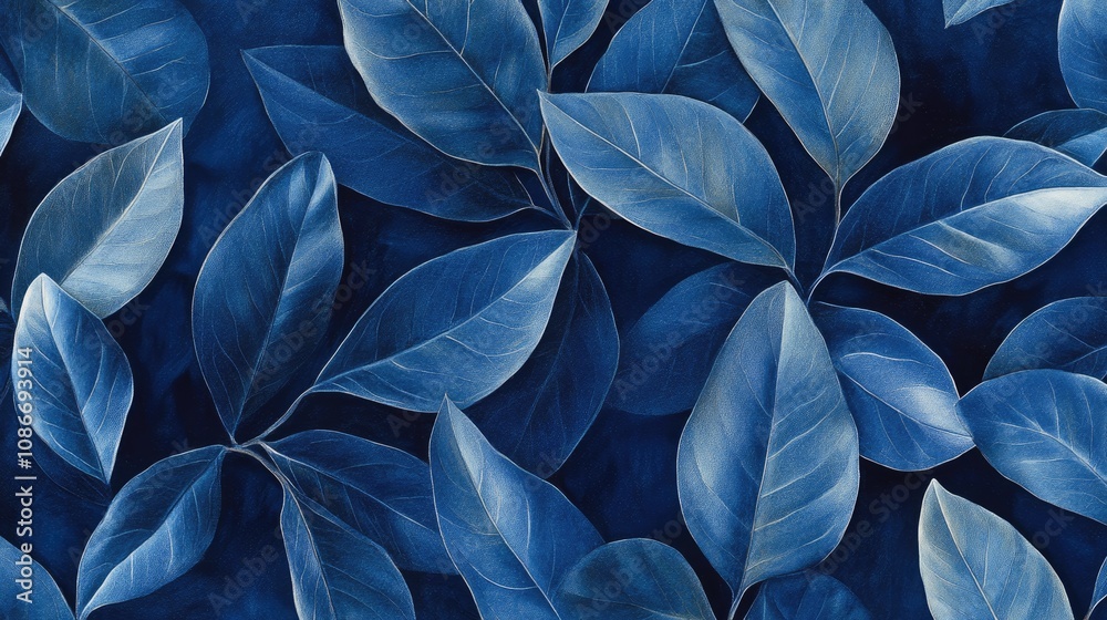 Lush dark blue leaves create a rich, textured backdrop with varying shades of blue and smooth surfaces, evoking a serene natural environment. Lush dark blue leaves create a rich, textured backdrop with varying shades of blue and smooth surfaces, evoking a serene natural environment.