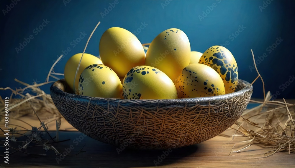 A collection of vibrant yellow eggs with black spots nestled in a rustic bowl A collection of vibrant yellow eggs with black spots nestled in a rustic bowl