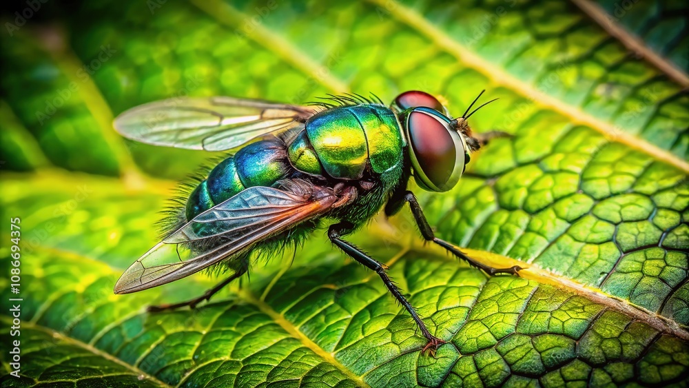 Close-up green leaf, rule of thirds, fly perched. Close-up green leaf, rule of thirds, fly perched.