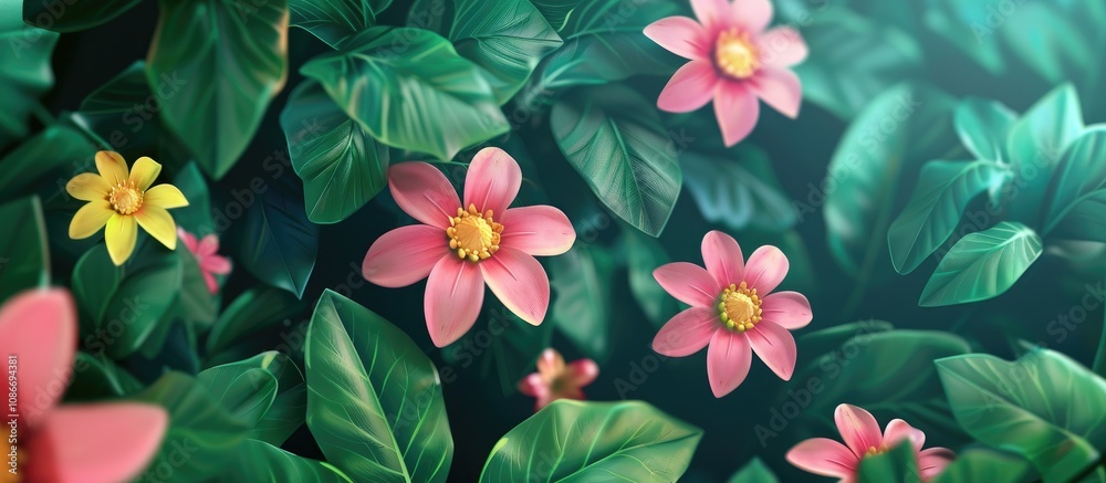 Summer Flowers Against Lush Green Background Summer Flowers Against Lush Green Background