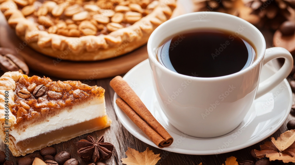 warm cup of coffee beside slice of pie, featuring cinnamon sticks and coffee beans, creates cozy atmosphere perfect for autumn warm cup of coffee beside slice of pie, featuring cinnamon sticks and coffee beans, creates cozy atmosphere perfect for autumn
