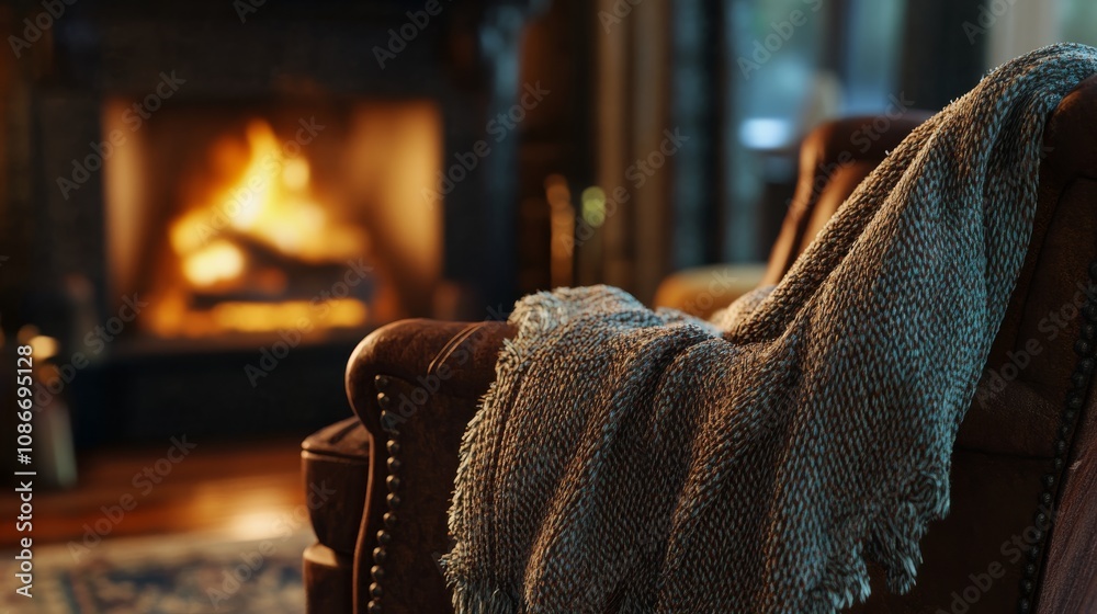 A cozy living space featuring a warm fireplace, a comfortable chair, and a soft blanket draped over the armrest, perfect for relaxation. A cozy living space featuring a warm fireplace, a comfortable chair, and a soft blanket draped over the armrest, perfect for relaxation.