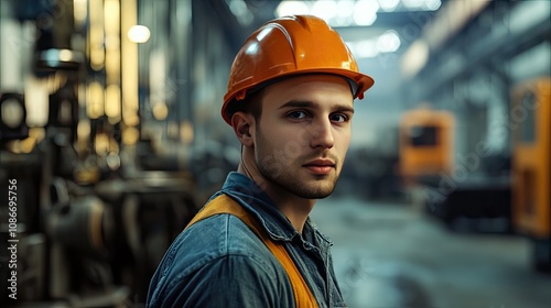 Young Caucasian male worker wearing an orange hard hat, confidently posing in an industrial setting.