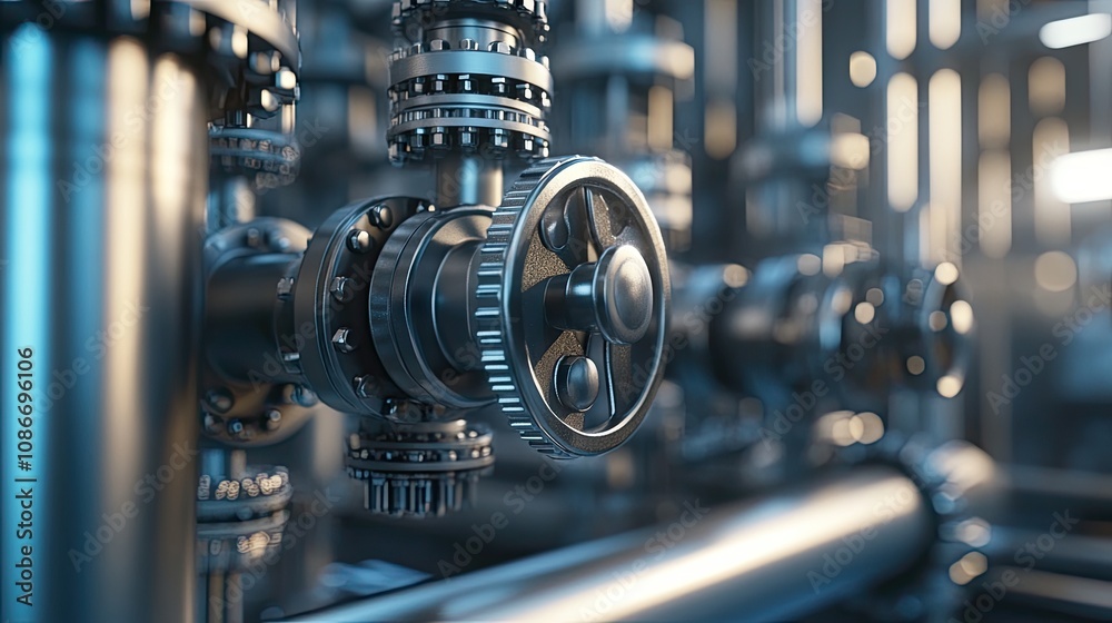 Fototapeta premium Close-up of metallic industrial machinery with intricate gears and pipes, showcasing engineering precision and modern design.