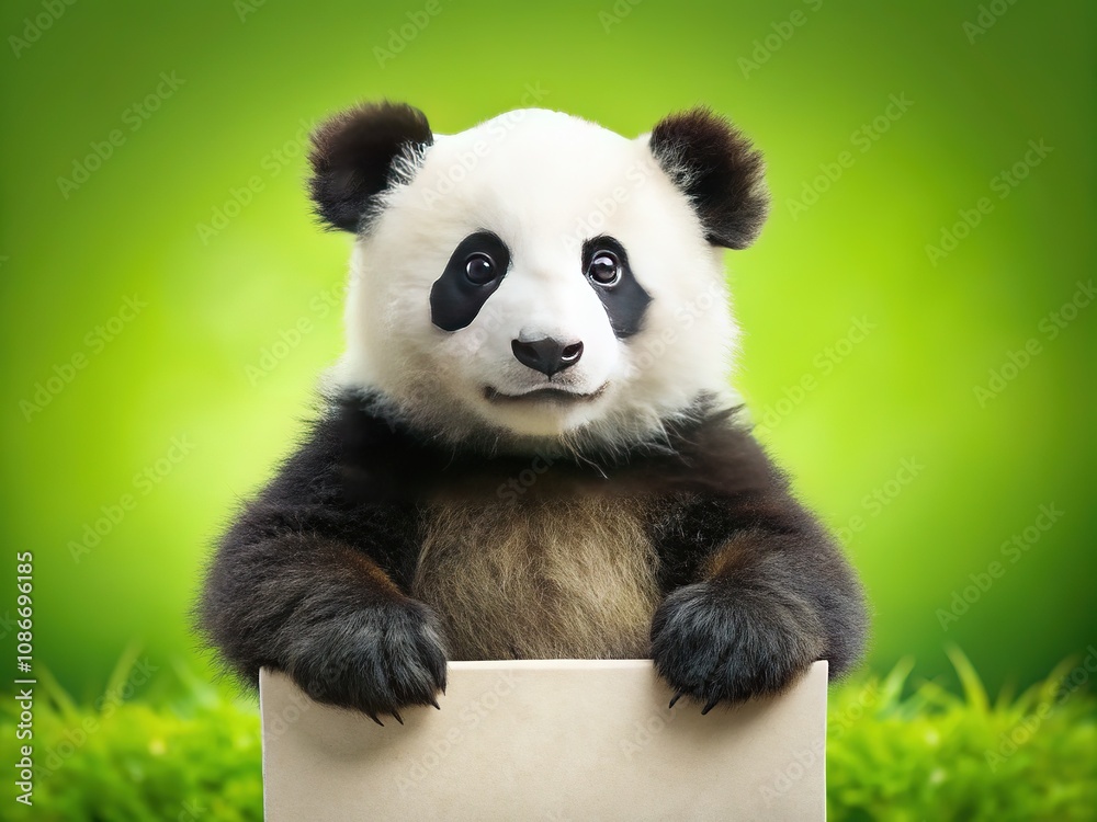 Fototapeta premium Cute panda cub with blank sign, ready for your message.