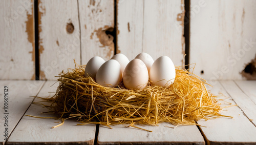 Fresh raw eggs with hey on a rusty wooden background, Chicken eggs on a wooden table, Fresh Chicken eggs on a wooden background, Eggs for hatching photo