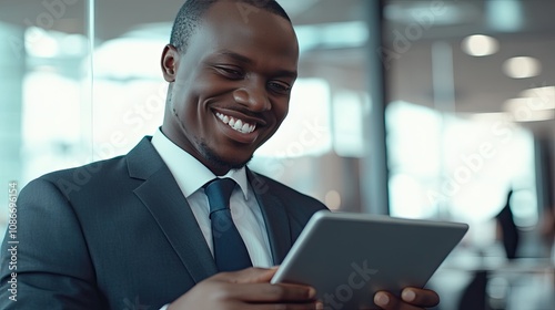 Confident Black man in a suit smiles while engaging with a digital tablet in a modern office setting.