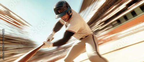 A baseball player swings a bat to hit a ball during an action-packed game in a bustling stadium filled with fans photo