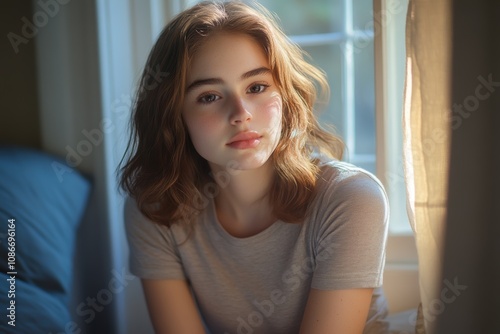 Free Download A soft, natural portrait of a young woman with wavy hair, sitting by a window, illuminated by gentle sunlight, conveying a sense of warmth and tranquility - GFXLoad