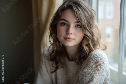 A young woman with wavy, shoulder-length hair, seated near a window, wearing a cozy sweater with a soft expression and natural light illuminating her face