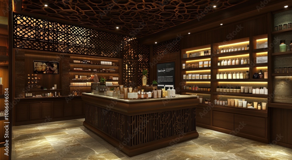 A luxurious spa reception area showcasing various wellness products and calming decor. A luxurious spa reception area showcasing various wellness products and calming decor.