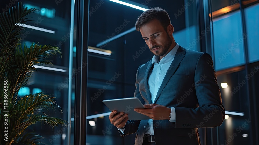 Fototapeta premium A focused Caucasian male in a suit, utilizing a tablet in a modern office at night, surrounded by city lights.