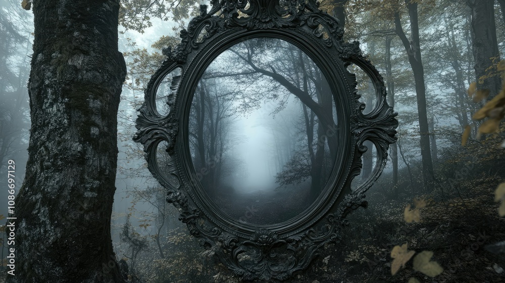 Obraz premium Enigmatic Forest Reflection in Antique Mirror Surrounded by Misty Trees, Creating a Mysterious and Haunting Atmosphere in a Captivating Landscape