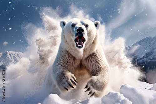 a polar bear exploding in a blizzard of white chalk dust against photo