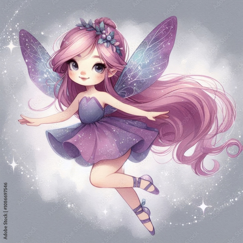 A whimsical purple fairy with shimmering wings, floral hair accessories, and a flowing dress, radiating magic and grace against a neutral background. AI generated.
A whimsical purple fairy with shimmering wings, floral hair accessories, and a flowing dress, radiating magic and grace against a neutral background. AI generated.