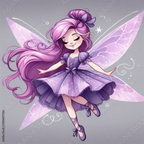 A whimsical purple fairy with shimmering wings, floral hair accessories, and a flowing dress, radiating magic and grace against a neutral background.  AI generated.
