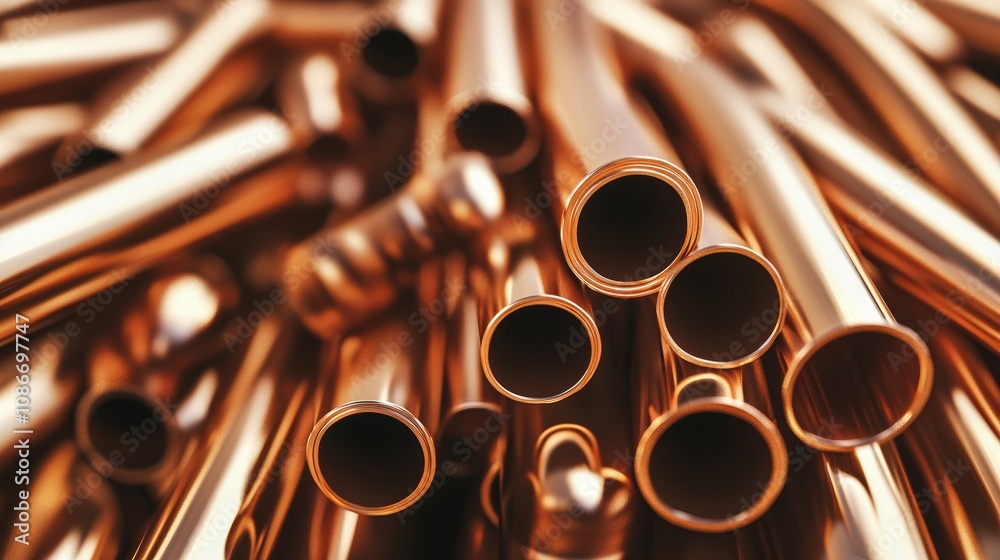 Naklejka premium Shiny Copper Pipes Stack of Various Sizes and Shapes for Industrial and Construction Use