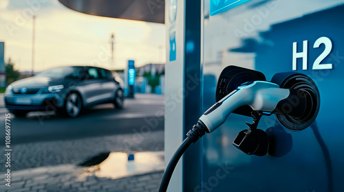 Hydrogen car charging at modern filling station photo