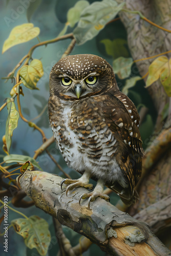 Focused Gaze - Intimate Portrait of a Resilient Pygmy Owl Amidst the Verdant Wilderness photo