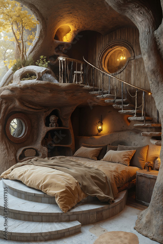 A bed in a tree house with a spiral staircase photo