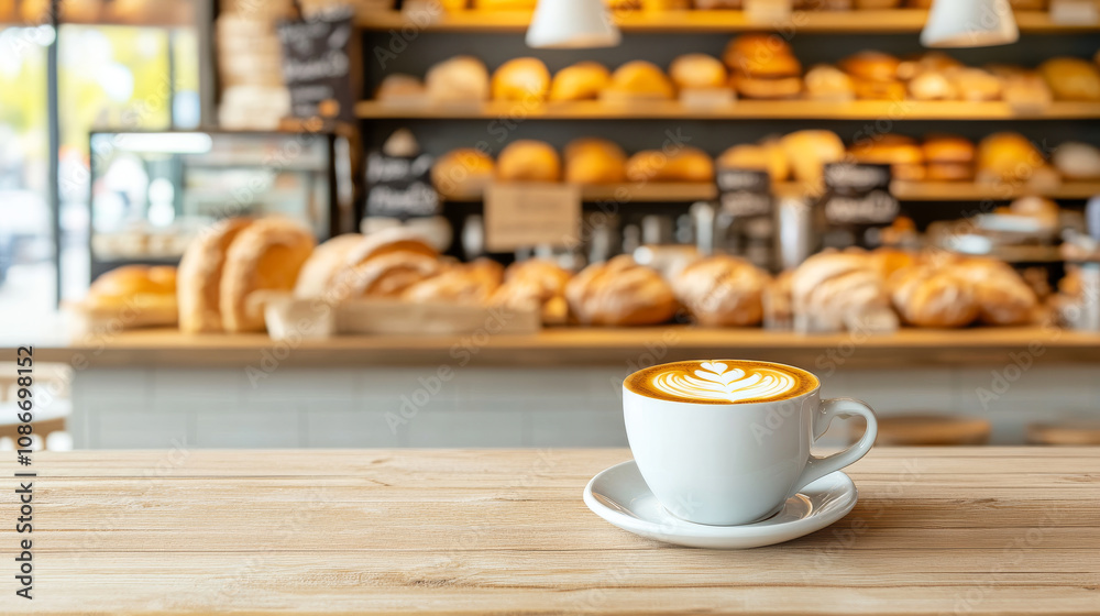 coffee cup on wooden table with backdrop of bustling bakery filled with fresh bread. warm atmosphere invites relaxation and enjoyment coffee cup on wooden table with backdrop of bustling bakery filled with fresh bread. warm atmosphere invites relaxation and enjoyment